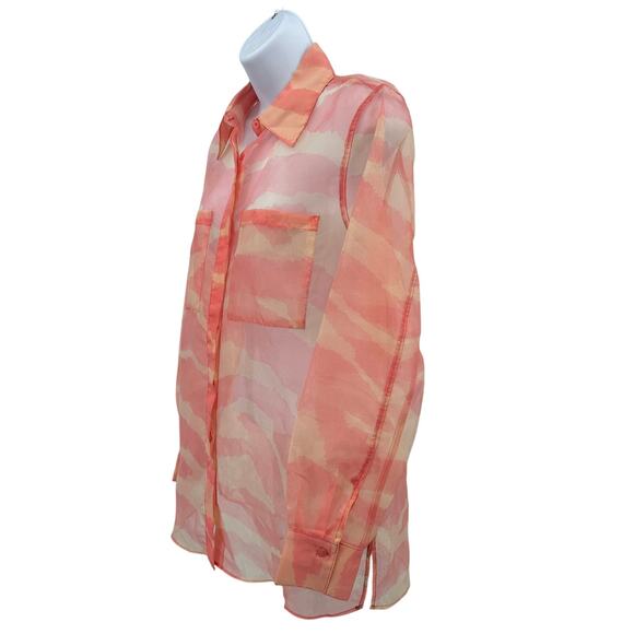 Rachel Zoe Semi-Sheer Button Up Shirt Sz M Pink Orange Animal Print Long Sleeves - Picture 4 of 9